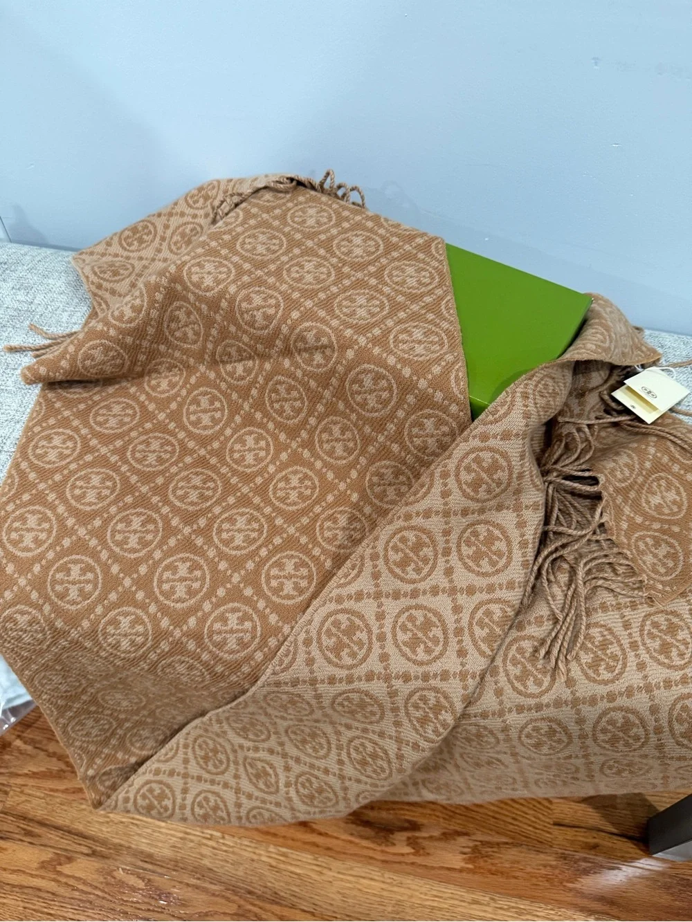 Tory Burch Two-Tone Camel Logo Fringe Scarf